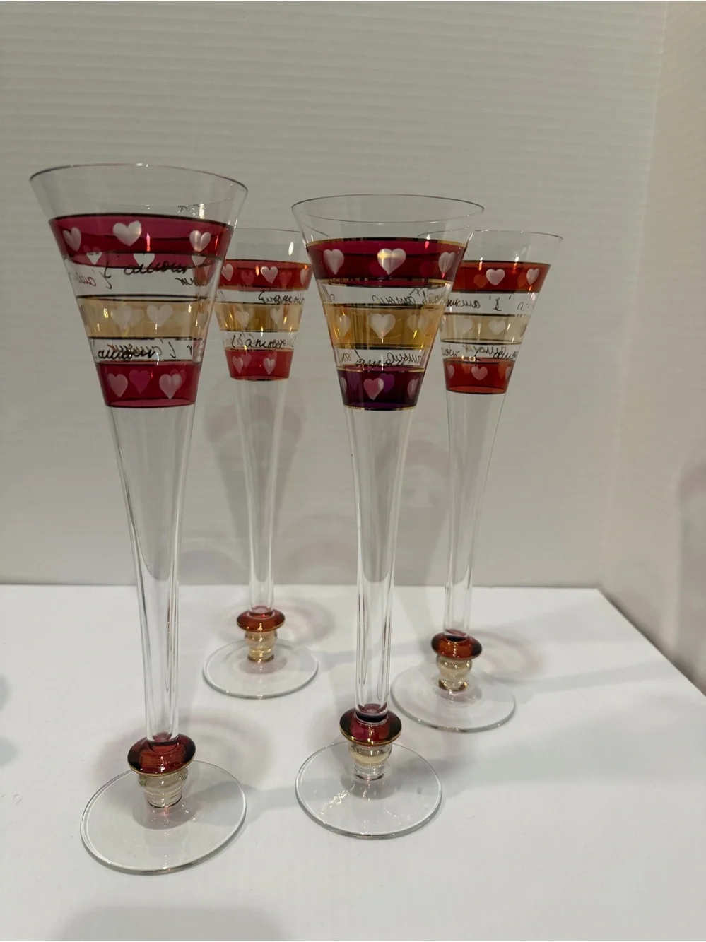 VINTAGE ETCHED HEARTS RUBY RED FLUTES CHAMPAGNE L'AMOUR 11